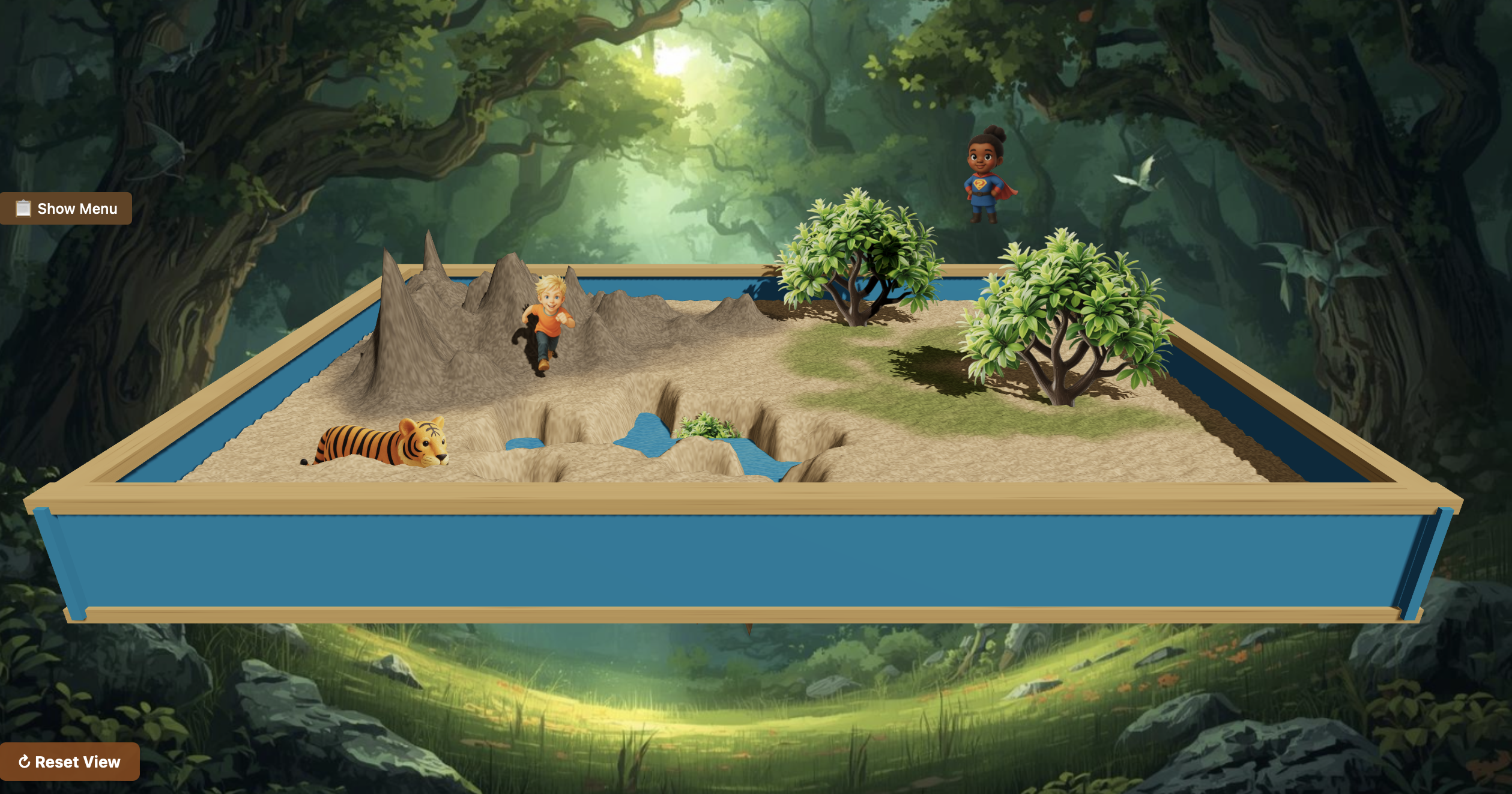 3D Sand Tray Explorer interface showing miniatures and sand for therapy prompts